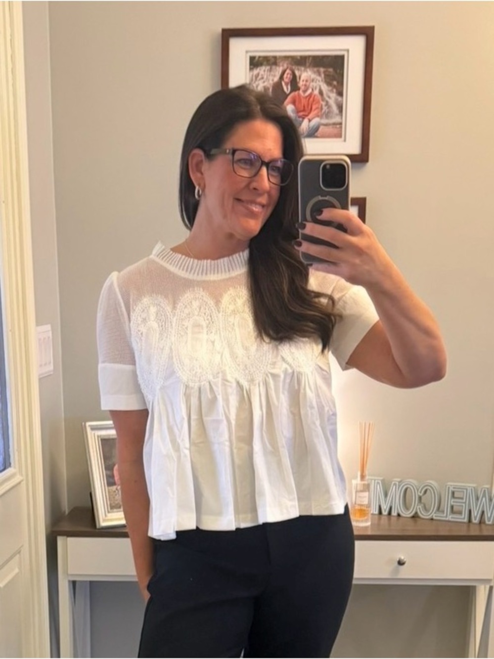 Anthropologie En Elly Short-Sleeve White Lace Poplin Swing Top